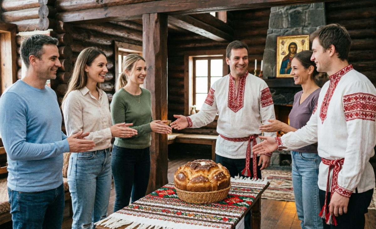 Встреча гостей хлебом-солью в вышитых рубахах